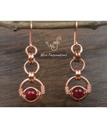 Handmade copper earrings: long chainmail herringbone wire wrap red glass... - €27,39 EUR