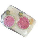 Vintage Womens Pierced Earrings Pink Green Watermelon Slices Push on Clips 2&quot;D - £15.03 GBP