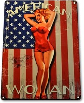 American Woman Flag Pin-up Girl Rustic Patriotic Bar Wall Decor Metal Tin Sign - £14.00 GBP