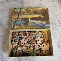 Vintage Small Wooden Puzzle Fall Leaves Covered Bridge Complete - £20.95 GBP