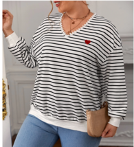 Shein Frenchy Striped Heart Embroidery Drop Shoulder Sweatshirt Plus Siz... - $13.58