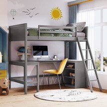 Wooden Twin Size Loft Bed With Underneath Desk And Bookshelves Cabinet, Converti - £568.44 GBP