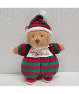 Prestige Merry Christmas Plump Teddy Bear Rattle 8&quot; Plush Red Green Stri... - $24.95 CAD