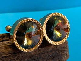 Vtg Gold Tone Round Circle Yellow Green Multifaceted Glass/ Crystal Cuff Links - £19.94 GBP