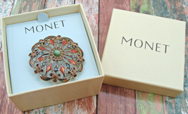 Monet Dome Flower Brooch Ornate Amber Green Enamel Rhinestones Hat Pin Orig. Box - £18.92 GBP