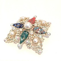 Silver Crystal Gem Stones Pearl Brooch Pin 2.5&quot; - £8.99 GBP