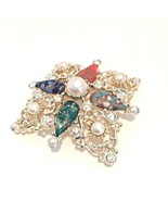 Silver Crystal Gem Stones Pearl Brooch Pin 2.5&quot; - £9.21 GBP