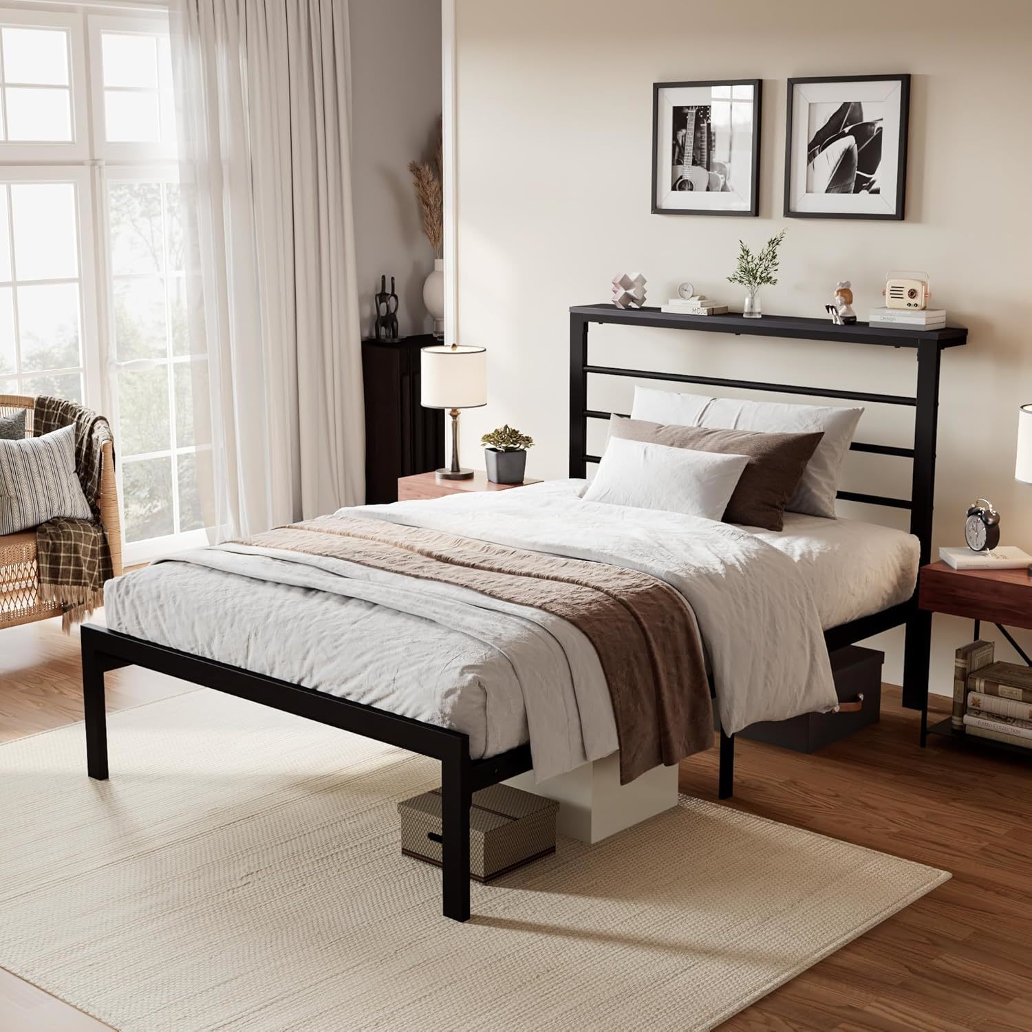 Sha Cerlin Twin Size Bed Frame With Headboard Shelf And Strong Metal, Black - $77.99