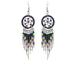 Native American Inspired Dream Catcher Long Seed Beaded Metal Dangle Earrings -  - £11.86 GBP