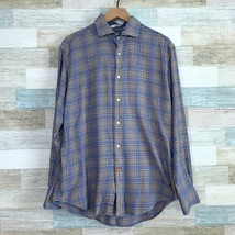 Thomas Dean Basketweave Glen Check Shirt Blue Brown Button Up Casual Men... - $39.58