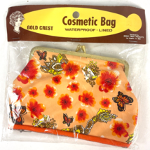Floral Butterfly Print Vtg Gold Crest Cosmetic Bag Waterproof Lined Deadstock - £18.83 GBP