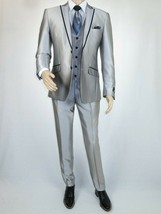 Men Tuxedo Formal Suit ROYAL DIAMOND Slim Fit 3Pc Vested shiny Satin SL82 Silver - £119.61 GBP