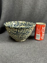 Vintage Blue Spatterware Sponge Ware Art Pottery Bowl Signed 4.5” Tall 8” Diam. - £25.32 GBP