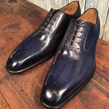 Handmade Men&#39;s Navy Blue Leather Oxford Brogue Chiseled Toe  Dress Formal Shoes - £103.50 GBP+