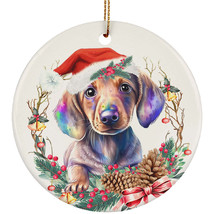 Cute Dachshund Puppy Dog Santa Hat &amp; Flower Wreath Christmas Ornament Gift Decor - £11.80 GBP