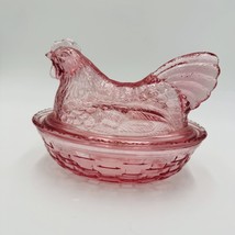 Longaberger Cranberry Pink Glass Hen On Nest  Lidded Oval Candy Dish - £55.09 GBP