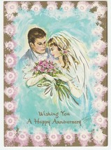 Vintage Anniversary Card Bride and Groom Pink Roses 1960&#39;s Psyche Cameo - £6.35 GBP