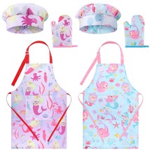 8 Pcs Kids Apron And Chef Hat Set Cute Mermaid Child Aprons With Pockets... - £27.75 GBP