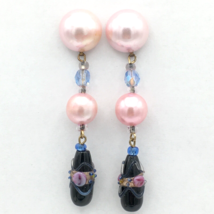 WEDDING CAKE glass bead 2.75&quot; drop earrings - pink black Venetian Murano... - $25.00