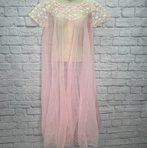 Vintage 60s Sheer Open Front Robe Size M Pink Floral Lace Short Sleeve M... - $34.60