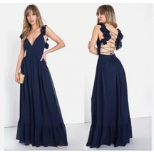 LULU&#39;S S Blue Soiree Celebration Ruffled Sleeveless Lace-Up Maxi Dress NEW - $119.00