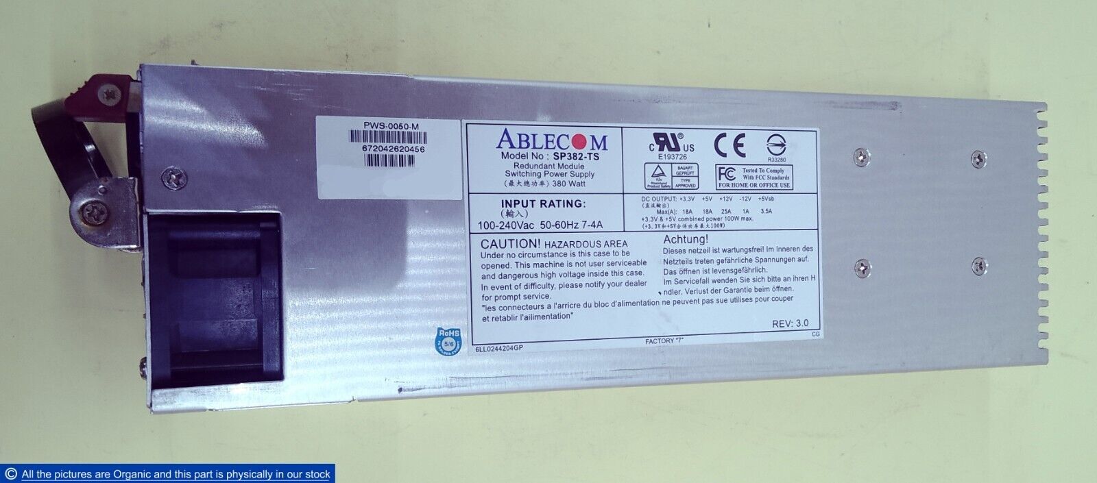 Ablecom SP382-TS Rev 3.0 Redundant Power Supply PSU PWS-0050-M 380W +3.3... - $199.00