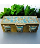 Antique Chinese Enamel Champleve Brass Stamp Trinket Box Blue Flower Design - $88.94 CAD