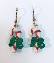 Vintage Christmas Candy Cane Dangle Earrings Red White Green Bow Plastic... - $11.50