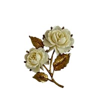 Vintage Brooch Pin  Two White Rose Flower With Gold Leaves Stem C Clasp Lock - £22.57 GBP