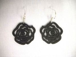 Small Size Black Cut Out Open Victorian Rose Flower Wooden Charm Earrings - £3.19 GBP