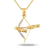 14k Solid Gold Bow &amp; Arrow Archer Diamond Cupid Love Pendant Necklace - £191.32 GBP+