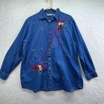 Vintage Victoria Jones Christmas Demin Shirt Size 1X Bell Applique Beaded - $19.80