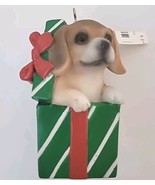Beagle Puppy in Green White Stripe Gift Box Christmas Ornament Bell Ceramic - $20.56 CAD