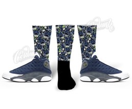 Custom Socks for J1 13 FLINT XIII French Blue Navy Sneaker T Shirt  - $22.49