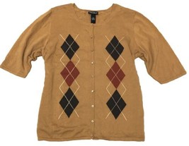 Maggie Barnes Plus Size 1X Butterscotch Argyle Diamond 3/4 Sleeve Knit Cardigan - £13.37 GBP