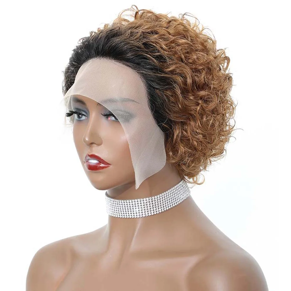 Pixie Cut Wig Short Curly Bob Human Hair Wigs Color Wig 13X1 Transparent La - £39.25 GBP+