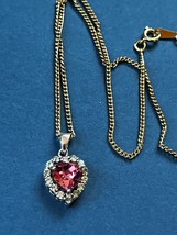 Vintage Goldtone Chain w Pink Heart Rimmed w Tiny Clear Rhinestones Pendant Neck - £10.43 GBP