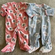 2 Carters Girls Pink Elephants Blue Clouds Fleece Pajamas 3 Months - £5.75 GBP
