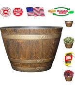 Stylish 15&quot; Oak Brown Resin Flower Pot - Weather Resistant Whiskey Barre... - $959.90 MXN