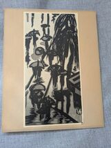 Japanese Chinese Woodblock Print Black White People Umbrella Gihachiro O... - $89.09