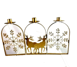 Triple Candle Holder Reindeer Snowflakes Gold Metal - £19.04 GBP