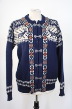 Vtg Dale Norway L 44 Blue Fair Isle Reindeer Chunky Wool Cardigan Sweater Flaws - $81.70