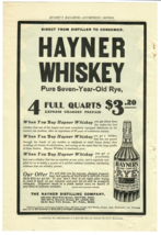 1902 Hayner Whiskey Antique Print Ad Pure Seven Year Old Rye Distillery Alcohol - £6.97 GBP