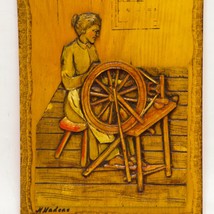 Vintage 3D Canadian Art Wood Carving Sculpture Lady Spinning Wheel H. Nadeau - £47.71 GBP