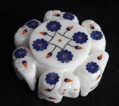 Antique Marble Jewelry Box Lapis Stone 6 Elephant inlaid Mosaic Art Hand... - $258.81