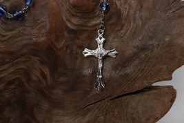 Vintage Silver Blue Beaded INRI Jesus Crucifix Cross Pendant Rosary Necklace - £9.17 GBP