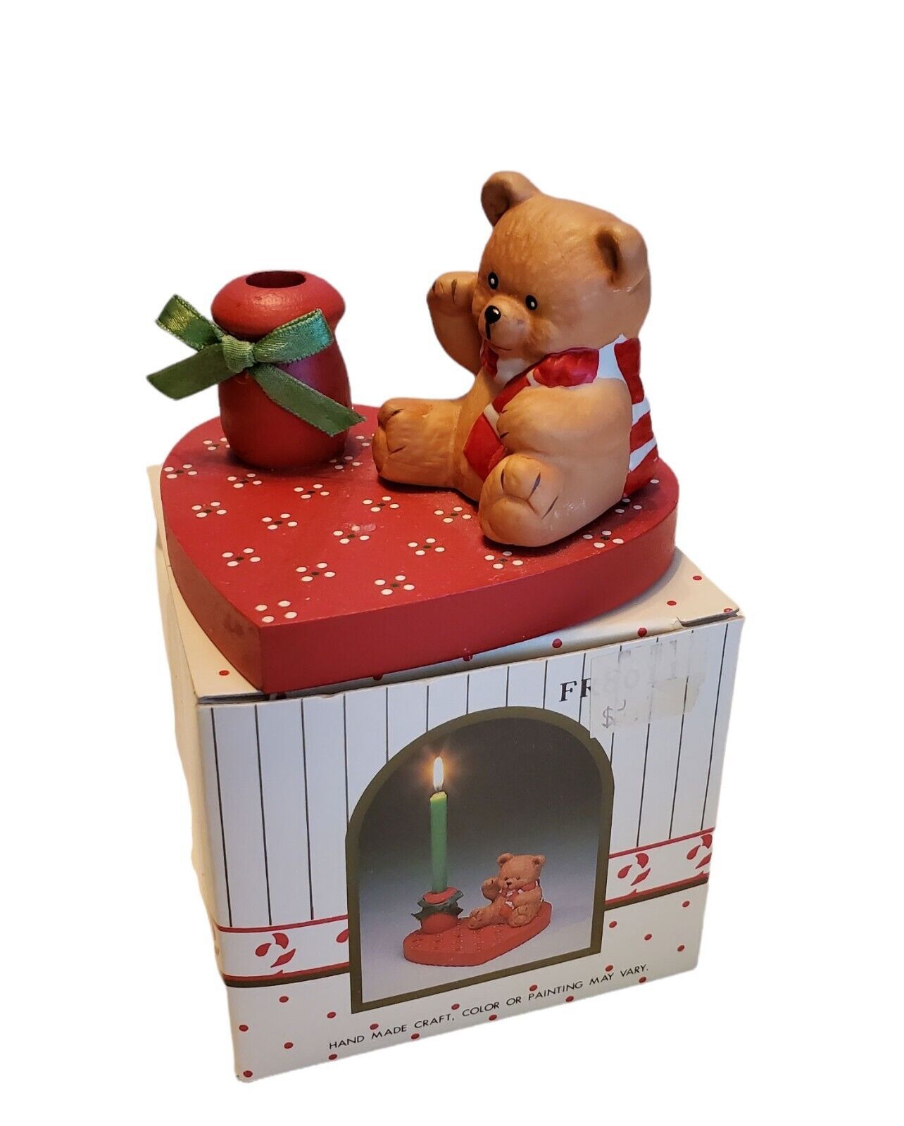 Primary image for Teddy Bear Candle Holder Figurine on Red Heart Base in Orig Box 1988 Hand Made