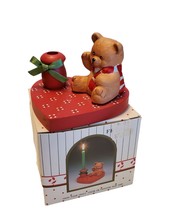 Teddy Bear Candle Holder Figurine on Red Heart Base in Orig Box 1988 Hand Made - £9.52 GBP