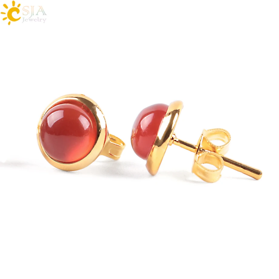 CSJA Cute Tiny Round Stud Earrings for Women Gold Color Ear Piercing Natural Gem - £9.97 GBP+