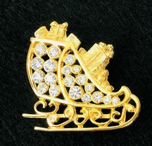 Vintage Christmas Gold Santas Sleigh Brooch Pin Rhinestones Presents - £20.07 GBP